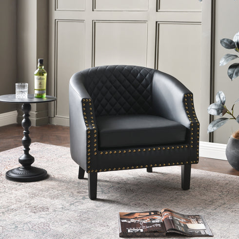 Louis Faux Leather Tufted Club Chair - Black Accent Chair | Decorative Accent Chairs | Kinwell Furniture | Modern Club Chairs | Barrel Club Chair | Nailhead Trim Chair | Contemporary Faux Leather Chair | Elegant Black Chair